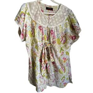 80s Vintage Caftan House Dress Tunic Nap Dress Sheer Floral Ribbon Tie